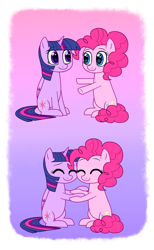 Size: 800x1300 | Tagged: safe, artist:bluemoonlightflower, derpibooru import, pinkie pie, twilight sparkle, twilight sparkle (alicorn), alicorn, earth pony, pony, eyes closed, female, holding hooves, lesbian, mare, shipping, twinkie