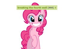 Size: 600x400 | Tagged: safe, derpibooru import, pinkie pie, earth pony, pony, breaking the fourth wall, derpibooru, meta, milestone, simple background, smiling, tags, white background