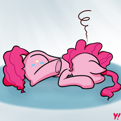 Size: 2000x2000 | Tagged: safe, artist:yakoshi, pinkie pie, earth pony, pony, atg 2018, exhausted, faceplant, female, gradient background, lying down, mare, newbie artist training grounds, passed out, solo, tired, underhoof