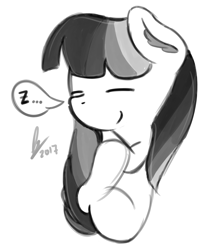 Size: 2402x2931 | Tagged: safe, artist:phinpie, oc, oc only, earth pony, pony, curled up, grayscale, monochrome, simple background, sketch, sleeping, solo, speech bubble, white background, z