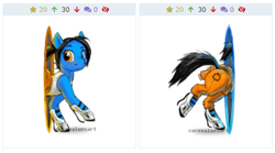 Size: 510x283 | Tagged: safe, artist:corevaluesart, earth pony, pony, aperture science, chell, derpibooru, heterochromia, juxtaposition, long fall horseshoe, meta, now you're thinking with portals, ponified, portal, portal (valve), solo