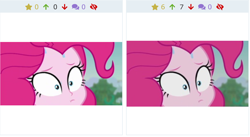 Size: 1424x780 | Tagged: safe, screencap, pinkie pie, better together, equestria girls, friendship math, comparison, cropped, derpibooru, juxtaposition, meta, shrunken pupils, sweat