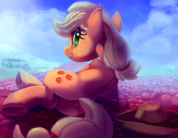 Size: 2000x1563 | Tagged: safe, artist:discorded, applejack, earth pony, pony, apple, applejack's hat, cloud, cowboy hat, dock, featureless crotch, female, food, hat, looking at you, looking back, looking back at you, mare, plot, sky, smiling, solo, tree