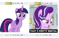 Size: 518x336 | Tagged: safe, artist:ironm17, starlight glimmer, twilight sparkle, twilight sparkle (alicorn), alicorn, pony, unicorn, marks for effort, angry, brutal, derpibooru, female, image macro, juxtaposition, mare, meme, meta, mfw, open mouth, reaction image, simple background, solo, transparent background, vector