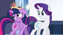 Size: 640x360 | Tagged: safe, derpibooru import, screencap, rarity, twilight sparkle, twilight sparkle (alicorn), alicorn, equestria girls, big crown thingy, blushing, element of magic, grin, jewelry, regalia, smiling