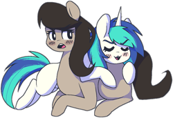 Size: 1177x806 | Tagged: safe, artist:pawberrykit, dj pon-3, octavia melody, vinyl scratch, earth pony, pony, unicorn, blushing, female, lesbian, mare, missing cutie mark, scratchtavia, shipping, simple background, transparent background