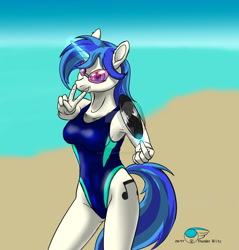 Size: 1280x1337 | Tagged: safe, artist:thunderblitz1, dj pon-3, vinyl scratch, anthro, unicorn, armpits, beach, clothes, female, glasses, one-piece swimsuit, peace sign, solo, swimsuit, watermark