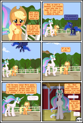 Size: 3255x4838 | Tagged: safe, artist:gutovi, applejack, princess celestia, princess luna, alicorn, earth pony, pony, comic:why me!?, alternate ending, alternate hairstyle, applelestia, comic, female, freckles, imminent punishment, impending doom, it was at this moment that she knew she fucked up, lesbian, missing accessory, now you fucked up, pigtails, shipping, shipping denied, sweat, sweatdrop, sweet apple acres