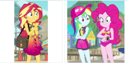 Size: 1747x870 | Tagged: safe, edit, screencap, sunset shimmer, better together, equestria girls, forgotten friendship, belly button, ben 10, clothes, cropped, derpibooru, juxtaposition, meta, omnitrix, saddle bag, solo, swimsuit