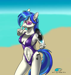 Size: 1280x1337 | Tagged: safe, alternate version, artist:thunderblitz1, dj pon-3, vinyl scratch, anthro, unicorn, abs, armpits, beach, belly button, clothes, female, glasses, glowing horn, navel cutout, one-piece swimsuit, open-back swimsuit, peace sign, solo, swimsuit, watermark