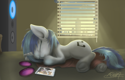 Size: 2000x1279 | Tagged: safe, artist:phoenixrk49, dj pon-3, octavia melody, vinyl scratch, earth pony, pony, unicorn, cute, female, frog (hoof), glasses, mare, phone, sleeping, solo, speakers, underhoof, vinylbetes