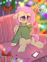 Size: 1635x2130 | Tagged: safe, artist:pesty_skillengton, fluttershy, pegasus, pony, blushing, bottomless, chair, clothes, commission, confused, covering mouth, cute, daaaaaaaaaaaw, featureless crotch, female, floppy ears, garland, hall, headphones, heart eyes, iphone, partial nudity, present, shyabetes, sitting, smiling, solo, sweater, sweatershy, three quarter view, tree, wingding eyes, ych result