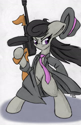 Size: 1608x2496 | Tagged: safe, artist:zemer, octavia melody, earth pony, pony, bipedal, clothes, gun, hat, mafia, mafia octavia, solo, trenchcoat, weapon