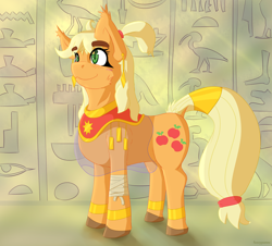 Size: 1500x1357 | Tagged: safe, artist:fuzzypones, applejack, earth pony, pony, clothes, hieroglyphics, solo