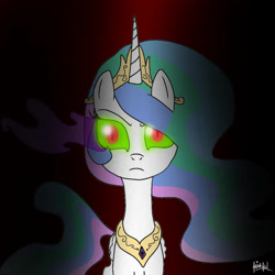 Size: 1000x1000 | Tagged: safe, artist:faithful24, princess celestia, alicorn, pony, dark magic, magic, red background, shading, simple background, solo, sombra eyes, spotlight