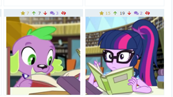 Size: 552x312 | Tagged: safe, screencap, sci-twi, spike, spike the regular dog, twilight sparkle, dog, better together, equestria girls, forgotten friendship, book, cropped, derpibooru, female, glasses, juxtaposition, juxtaposition win, male, meme, meta, puppy, reading, solo