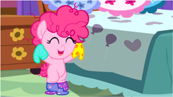 Size: 1284x724 | Tagged: safe, artist:magpie-pony, pinkie pie, pony, baby pie, bed, clothes, cute, diapinkes, dresser, socks, solo, youtube link