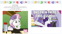 Size: 465x256 | Tagged: safe, derpibooru import, edit, edited screencap, screencap, rarity, sweetie belle, pony, unicorn, ponyville confidential, deep thoughts, derpibooru, exploitable meme, floppy ears, hoof on chin, image macro, juxtaposition, juxtaposition win, meme, meta, obligatory pony, sudden clarity sweetie belle, vulgar