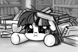 Size: 1600x1080 | Tagged: safe, artist:nimaru, derpibooru import, twilight sparkle, pony, unicorn, book, bookshelf, cute, dilated pupils, floppy ears, frown, looking at you, monochrome, prone, sad, solo, stuck, this will end in tears, twiabetes, underhoof