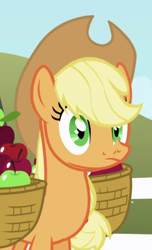 Size: 400x660 | Tagged: safe, screencap, applejack, earth pony, pony, the ticket master, animation error, apple, basket, cropped, food, solo