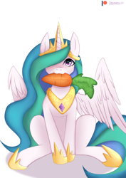 Size: 2894x4093 | Tagged: safe, artist:chickenbrony, princess celestia, alicorn, pony, :3, carrot, crown, cute, cutelestia, daaaaaaaaaaaw, female, food, hair over one eye, herbivore, jewelry, looking at you, mare, mouth hold, nom, regalia, sitting, smiling, solo, spread wings, wing fluff, wings