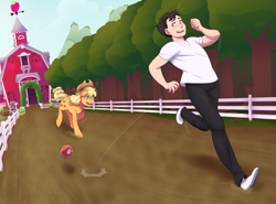 Size: 4000x2955 | Tagged: safe, artist:mylittlesheepy, applejack, oc, oc:tobias, human, pony, apple, barn, chase, clothes, commission, female, food, heterochromia, male, pants, running, shirt, sweet apple acres