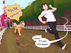 Size: 4000x2955 | Tagged: safe, artist:mylittlesheepy, derpibooru exclusive, applejack, oc, oc:tobias, human, apple, dialogue, food, heterochromia, human in equestria, humanized, humanized oc, running, stealing, sweet apple acres, tree