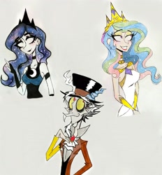 Size: 2472x2662 | Tagged: safe, artist:citi, discord, princess celestia, princess luna, human, crown, female, hand on chest, hat, humanized, jewelry, male, man, regalia, snaggletooth, top hat, traditional art, woman