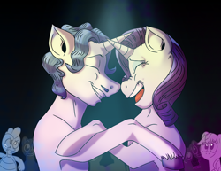 Size: 1314x1016 | Tagged: safe, artist:socialgutbrain777, applejack, fancypants, rarity, spike, dragon, earth pony, pony, unicorn, angry, blue, boop, crowd, crying, fangirling, female, happy, jealous, laughing, male, nose wrinkle, noseboop, purple, raripants, romantic jealousy, shipping, spotlight, straight