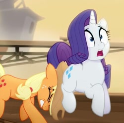 Size: 368x367 | Tagged: safe, screencap, applejack, rarity, earth pony, pony, unicorn, my little pony: the movie, cropped, out of context, pushing, rump push, surprised, wide eyes