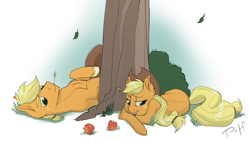 Size: 892x503 | Tagged: safe, artist:bypenandhoof, applejack, applejack (male), earth pony, pony, applejacks (shipping), female, male, mare, prone, rule 63, self ponidox, selfcest, shipping, stallion, straight