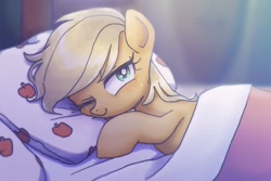 Size: 1059x706 | Tagged: safe, artist:xp_r6, applejack, earth pony, pony, bed, blanket, cute, female, in bed, jackabetes, looking at you, mare, one eye closed, pillow, smiling, solo