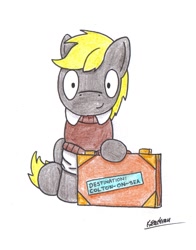 Size: 1459x1859 | Tagged: safe, artist:bobthedalek, oc, oc only, oc:octavia's father, oc:ostinato melody, earth pony, pony, clothes, label, male, shirt, solo, suitcase, tanktop