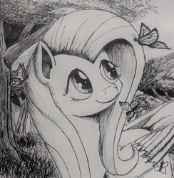 Size: 1050x1077 | Tagged: safe, artist:tkuroneko, fluttershy, butterfly, pegasus, pony, traditional art, tree