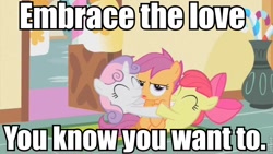 Size: 800x450 | Tagged: safe, edit, edited screencap, screencap, apple bloom, scootaloo, sweetie belle, earth pony, pegasus, pony, unicorn, the cutie mark chronicles, cutie mark crusaders, female, filly, group hug, hug, image macro, sugarcube corner