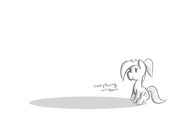 Size: 600x400 | Tagged: safe, artist:glimglam, oc, oc only, oc:pole position, earth pony, pony, burning, chibi, female, grayscale, mare, monochrome, ponytail, shadow, simple background, sitting, smiling, solo, white background