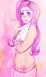 Size: 882x1487 | Tagged: safe, artist:prodigymysoul, fluttershy, human, rabbit, animal, carrying, clothes, crying, dialogue, holding, humanized, light skin, looking at you, solo, sweater, sweatershy