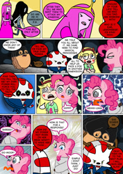 Size: 800x1130 | Tagged: safe, artist:imbriaart, pinkie pie, earth pony, pony, comic:magic princess war, adventure time, bondage, cinnamon bun, comic, crossover, food, marceline, peppermint butler, princess bubblegum, star butterfly, star vs the forces of evil, straitjacket