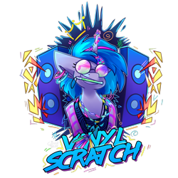 Size: 3000x3000 | Tagged: safe, artist:crownedspade, dj pon-3, vinyl scratch, pony, unicorn, clothes, ear piercing, female, glowstick, mare, mouth hold, piercing, rave, scene kid, simple background, smiling, solo, speakers, sunglasses, transparent background