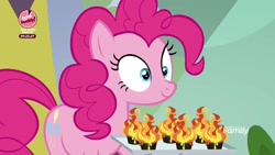 Size: 1920x1080 | Tagged: safe, screencap, pinkie pie, earth pony, pony, the washouts (episode), bake it like buddy, cupcake, discovery family logo, extreme chocolate airshow cupcake, female, food, mare, solo