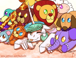 Size: 1136x878 | Tagged: safe, artist:inuhoshi-to-darkpen, princess celestia, alicorn, bear, big cat, dog, elephant, giraffe, lion, pony, rat, sheep, tiger, between dark and dawn, animal, cute, cutelestia, ear fluff, eyes closed, feathered fetlocks, female, happy, hoof fluff, mare, mlem, plushie, sillestia, silly, solo, tongue out