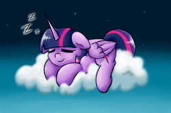 Size: 1462x967 | Tagged: safe, artist:alazak, derpibooru import, twilight sparkle, twilight sparkle (alicorn), alicorn, pony, chibi, cloud, cute, prone, sleeping, solo, stars, twiabetes, zzz