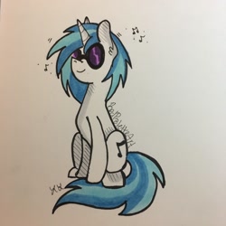 Size: 1024x1024 | Tagged: safe, artist:redpalette, dj pon-3, vinyl scratch, pony, unicorn, female, mare, simple background, sitting, solo, traditional art, white background