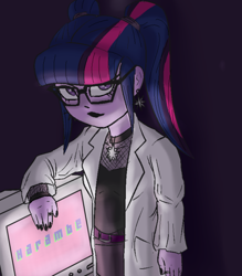 Size: 540x617 | Tagged: safe, artist:kul, derpibooru import, sci-twi, twilight sparkle, equestria girls, choker, clothes, computer, fishnet stockings, goth, harambe, lab coat, ncis, pigtails, twintails