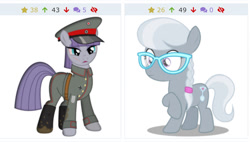 Size: 965x548 | Tagged: safe, artist:brony-works, maud pie, silver spoon, bloodshot eyes, derpibooru, juxtaposition, juxtaposition win, meme, meta, military, military uniform, surprised, world war i