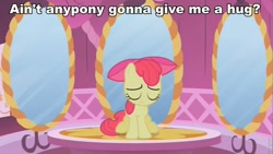 Size: 853x480 | Tagged: safe, edit, edited screencap, screencap, apple bloom, earth pony, pony, bronybait, carousel boutique, eyes closed, female, filly, hug, image macro, sad, sitting