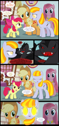 Size: 1240x2644 | Tagged: safe, artist:culu-bluebeaver, apple bloom, applejack, pinkie pie, oc, oc:plague, oc:ruby, earth pony, ghost pony, pony, snake, comic:the six-winged serpent, comic, dialogue, element of honesty, element of laughter, female, filly, glowing eyes, mare, story of the blanks, sugarcube corner