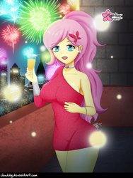 Size: 750x1000 | Tagged: safe, artist:clouddg, fluttershy, human, equestria girls, 2019, bracelet, breasts, champagne, champagne glass, choker, chokershy, city, clothes, dress, ear piercing, earring, female, fireworks, geode of fauna, hairclip, happy new year, happy new year 2019, holiday, hootershy, jewelry, lipstick, magical geodes, makeup, open mouth, piercing, signature, smiling, solo