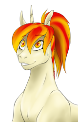 Size: 1303x2031 | Tagged: safe, artist:shybaldur, oc, oc only, oc:inner fire, pony, unicorn, female, grin, nervous, nervous grin, ponytail, red eyes, redhead, simple background, smiling, solo, sweat, sweatdrop, white background