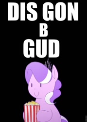 Size: 686x960 | Tagged: safe, diamond tiara, ask chubby diamond, dis gon b gud, food, image macro, meme, popcorn, reaction image, solo